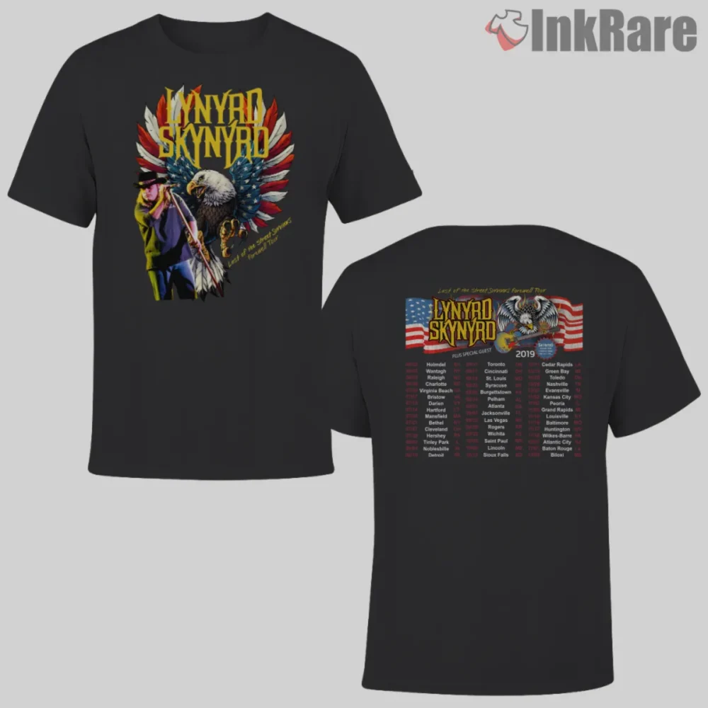 Lynyrd Skynyrd 2019 Farewell Tour Shirt two sided with eagle flag and city list on black
