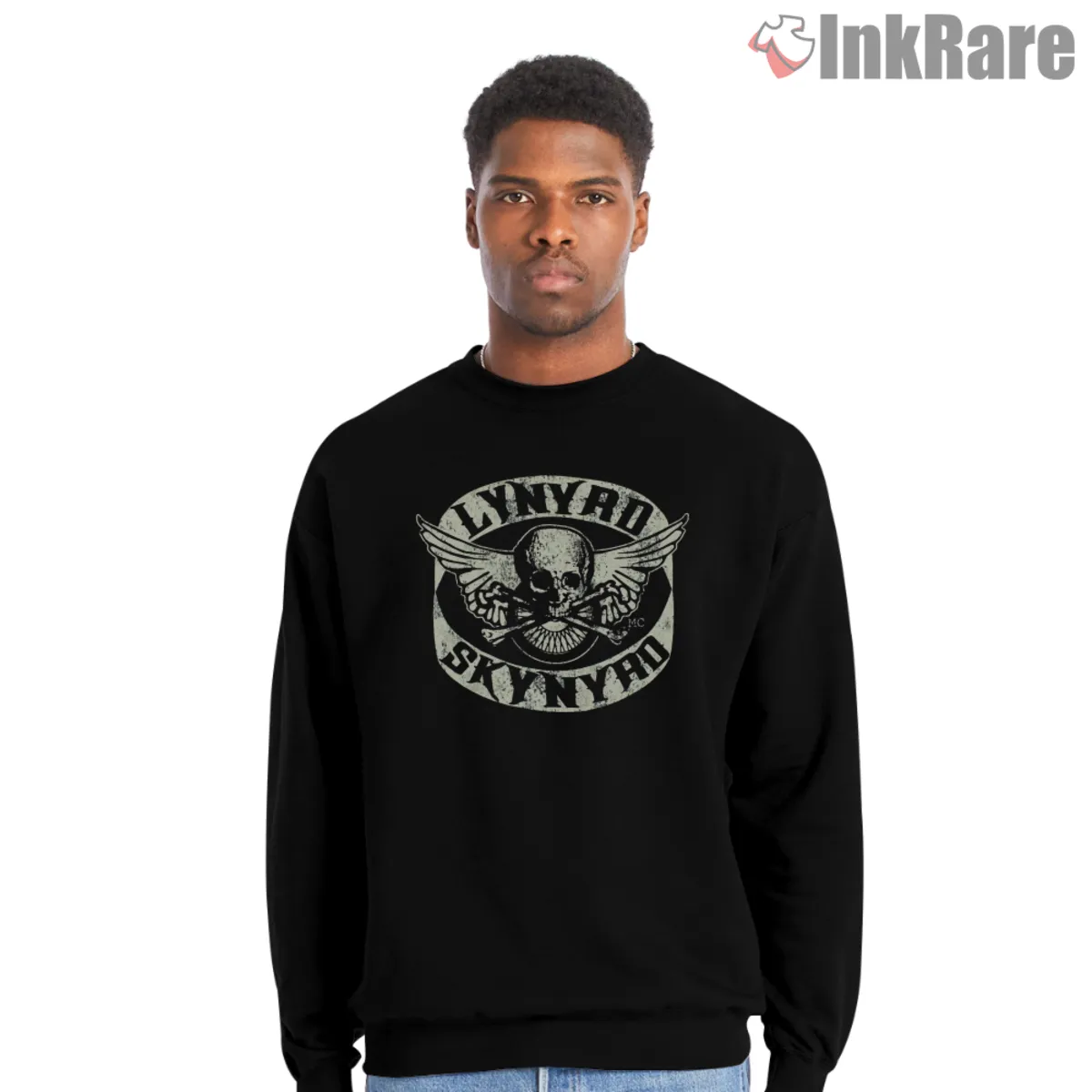 Black sweatshirt with winged skull biker patch graphic