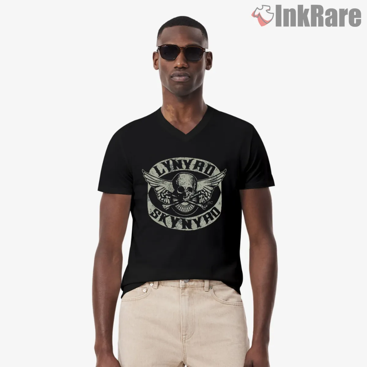 Biker Patch Vintage Emblem V Neck Black V neck tee with biker patch skull emblem