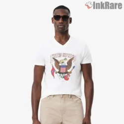 Men V neck front with eagle and guitar emblem