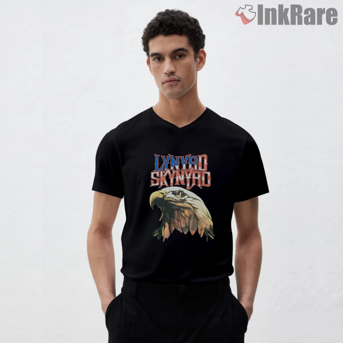 Lynyrd Skynyrd Eagle Head V Neck Black Black V neck with vintage eagle portrait and band name