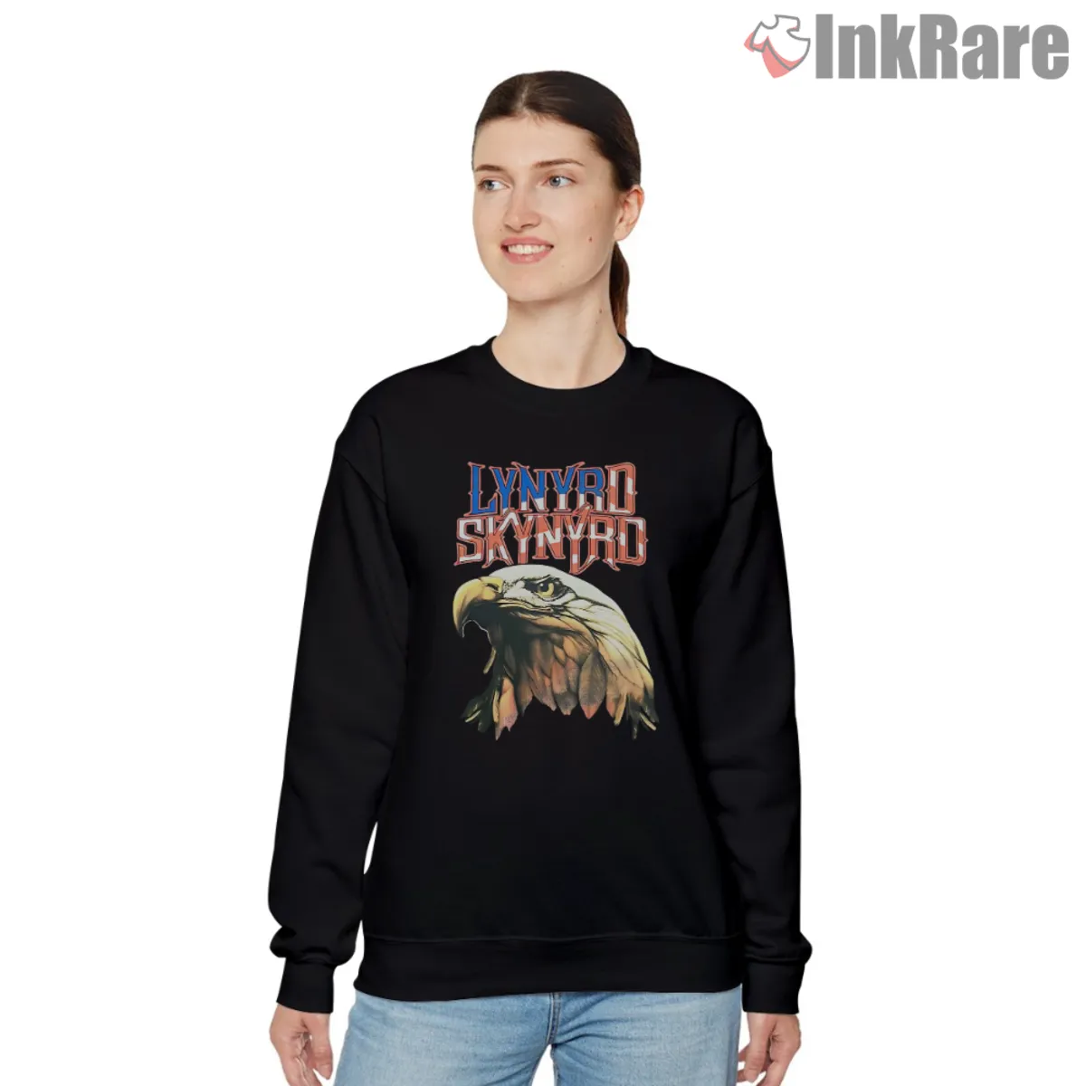 Lynyrd Skynyrd Eagle Head Sweatshirt Black Black sweatshirt showing the eagle head graphic and stacked logo