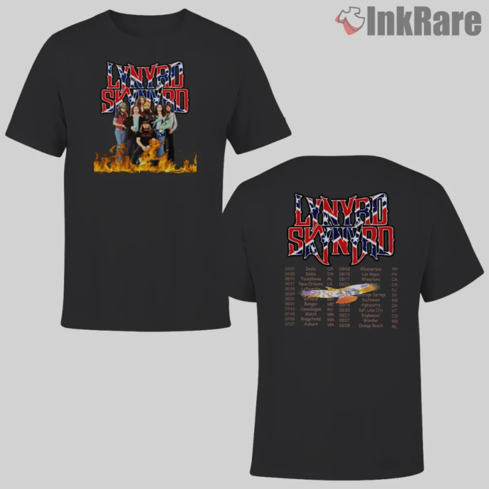 Two sided Lynyrd Skynyrd Farewell Tour 2019 shirt with band photo and flames on black