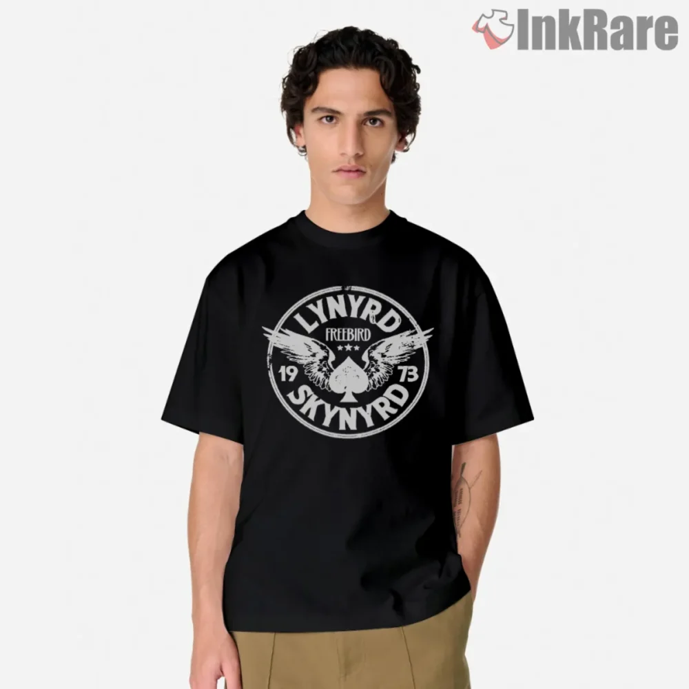 Lynyrd Skynyrd Free Bird Spade Shirt with winged spade and 1973 circle crest on black