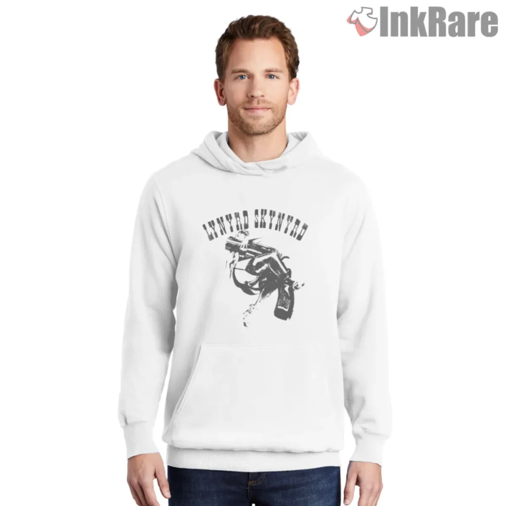White hoodie featuring Gun Gal graphic