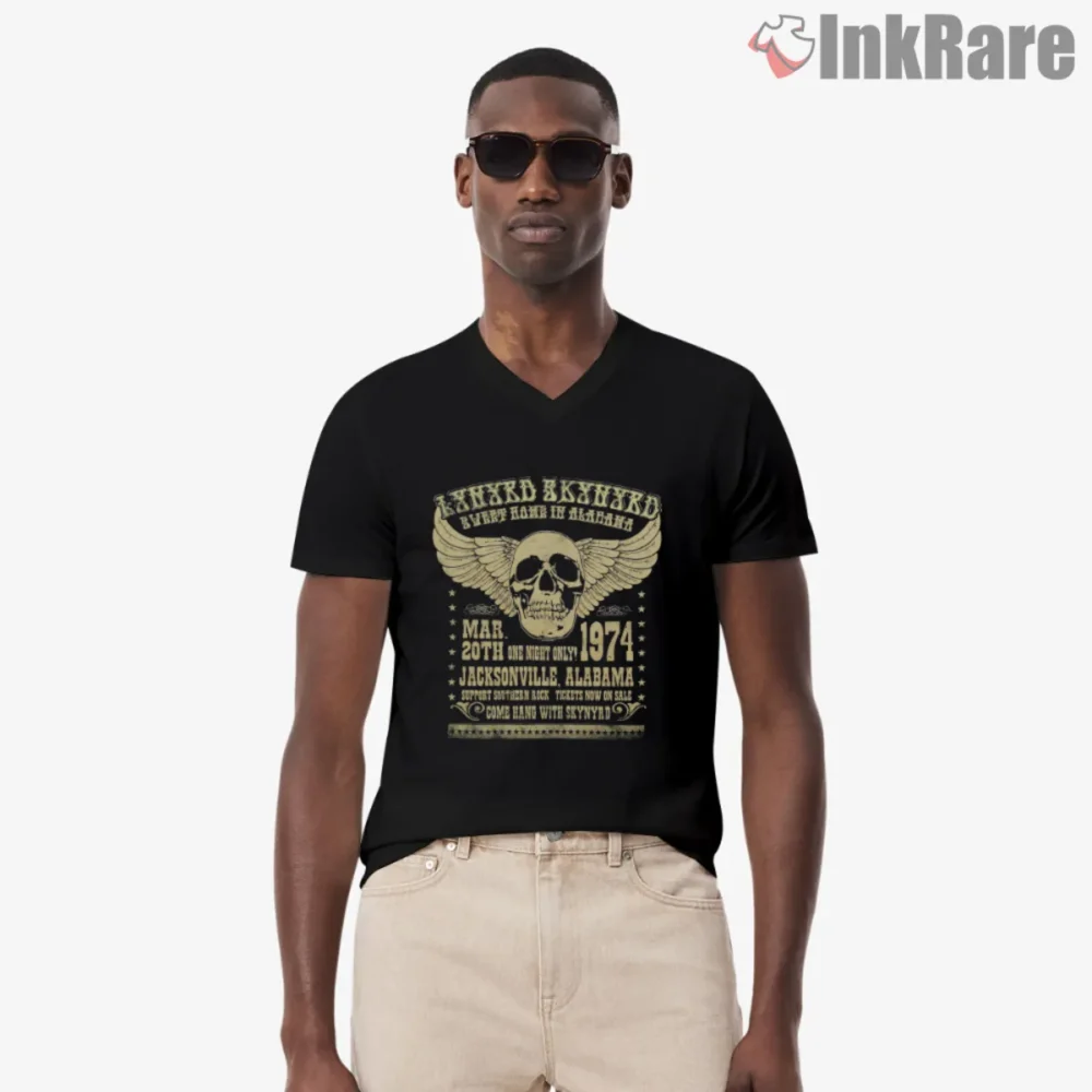Lynyrd Skynyrd Jacksonville 1974 Shirt with winged skull show poster in gold on black