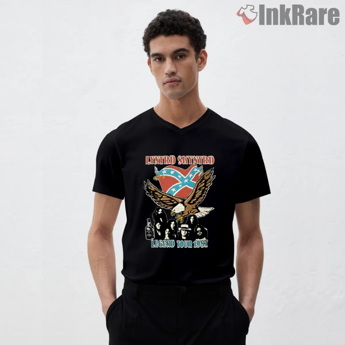 Legend Tour 1987 V Neck Black Black V neck showcasing distressed eagle Legend Tour 1987 graphic