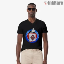 V neck front with cigarette pack skull emblem
