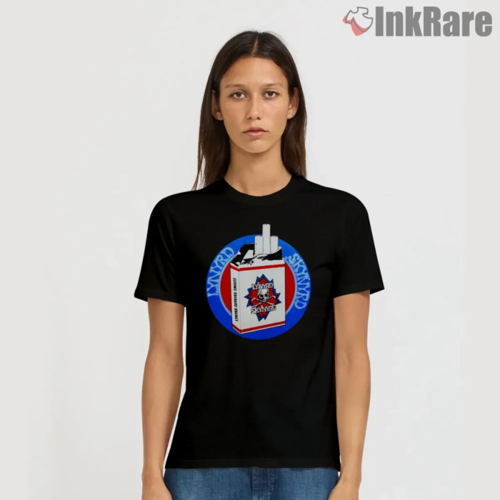 Lynyrd Skynyrd Smokes Shirt with 1970s cigarette pack skull graphic on black