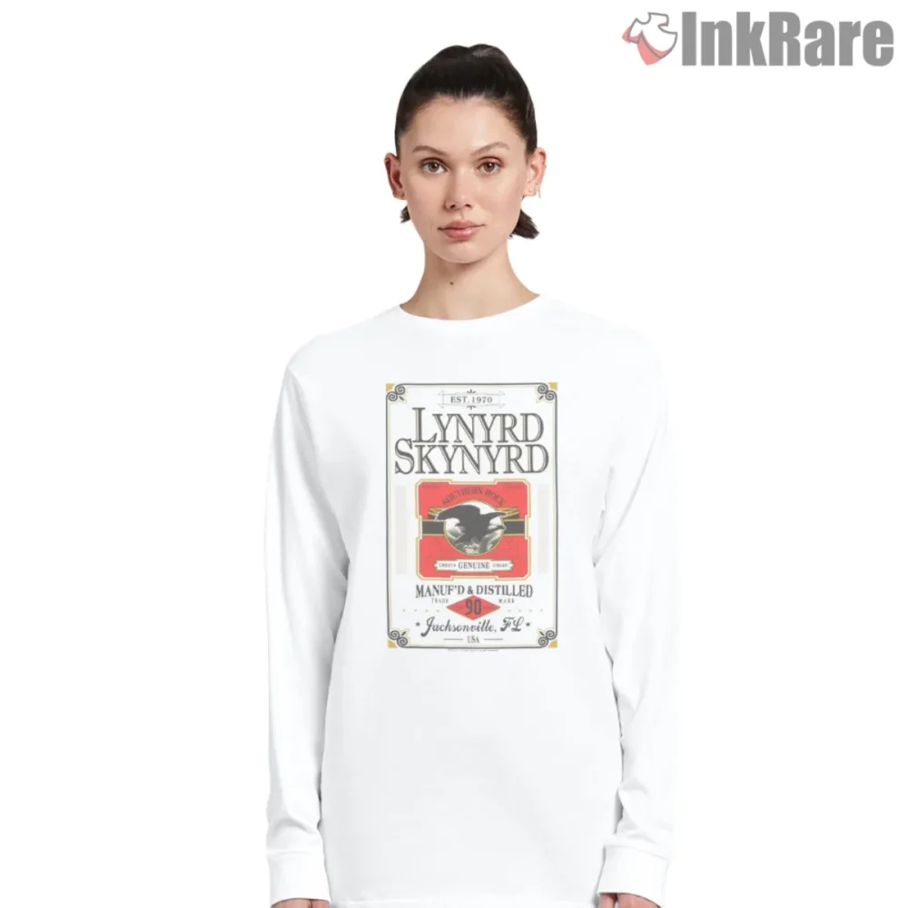 Lynyrd Skynyrd Southern Rock Label Shirt 90 Proof Jacksonville Vintage on white long sleeve