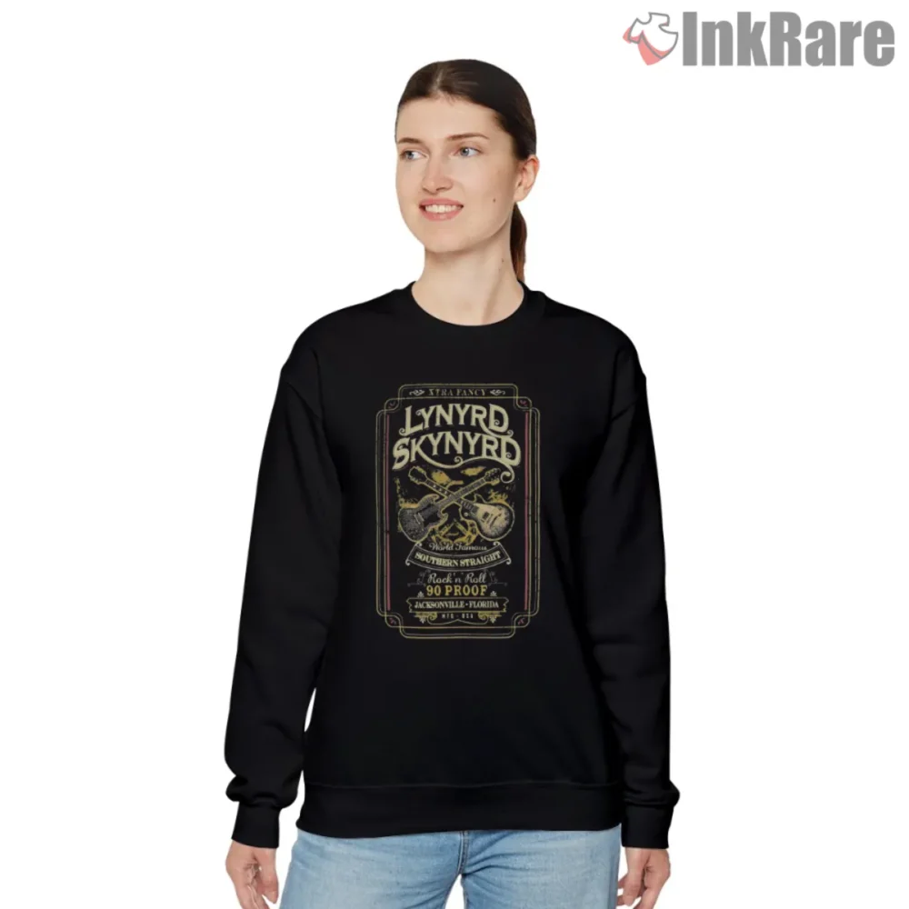 Lynyrd Skynyrd Southern Straight label design with crossed guitars and ornate border on black
