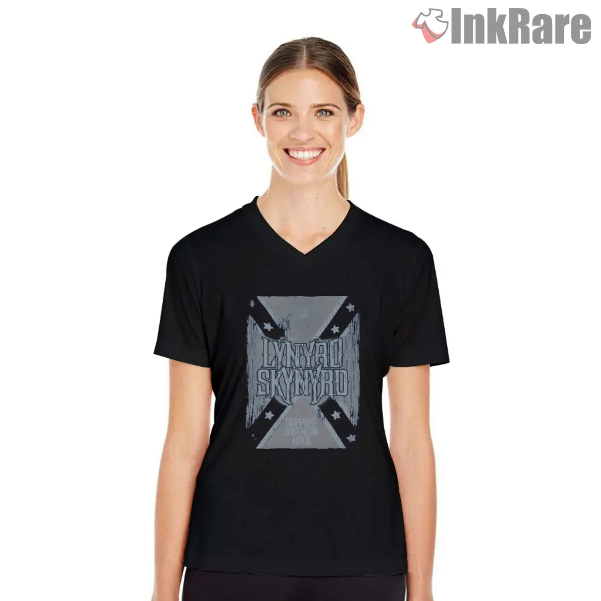 Support Southern Rock Women V Neck Black Women V neck with classic logo and star accents