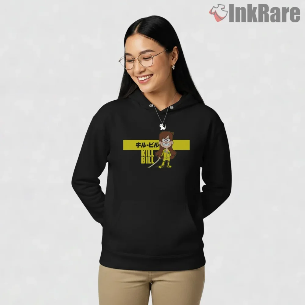 Mabel Pines Kill Bill Cartoon Mashup Yellow Suit Shirt on black hoodie for women graphic tee