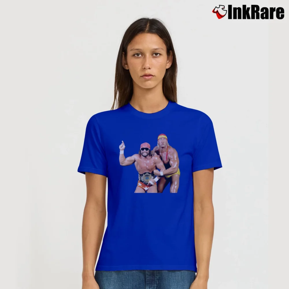 Women’s Macho Man And Hulk Hogan Wrestling Tribute Signature T-Shirt in royal blue | Soft, Flattering Fit