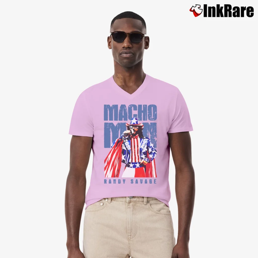Men’s Macho Man Randy Savage V-Neck Tee in light pink | Sharp, Breathable, Everyday Staple