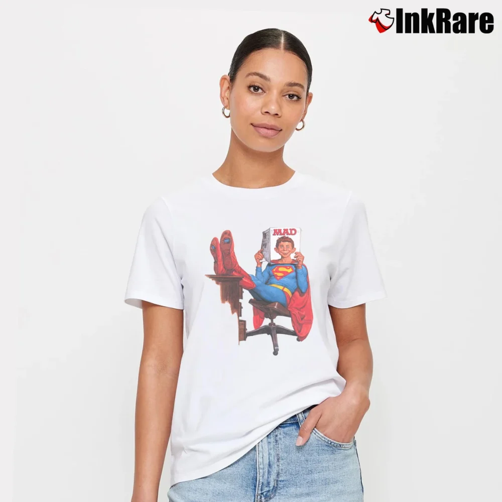 Women’s Mad Magazine Superman Blue Parody Signature T-Shirt in white | Soft, Flattering Fit