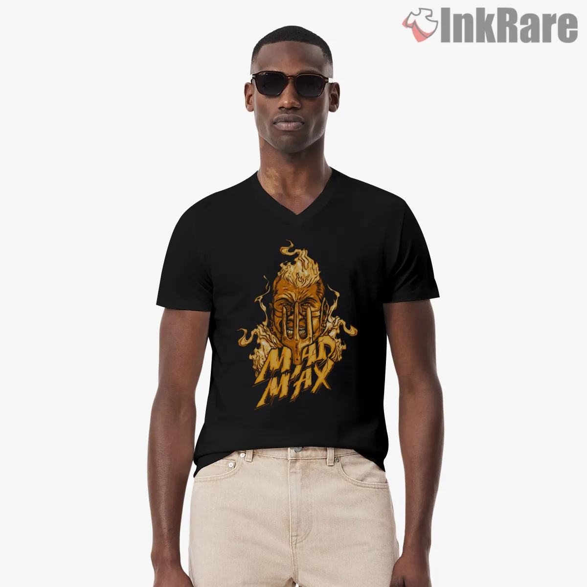 Mad Max Burning Skull Gold Flame Portrait V Neck Black Mad Max Burning Skull Gold Flame Portrait Shirt on black v-neck shirt for men graphic tee