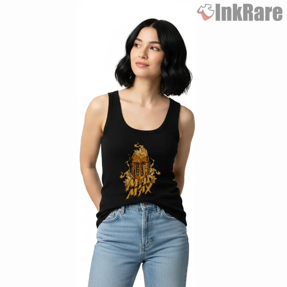 Mad Max Burning Skull Gold Flame Portrait Shirt on black tank top for women graphic tee