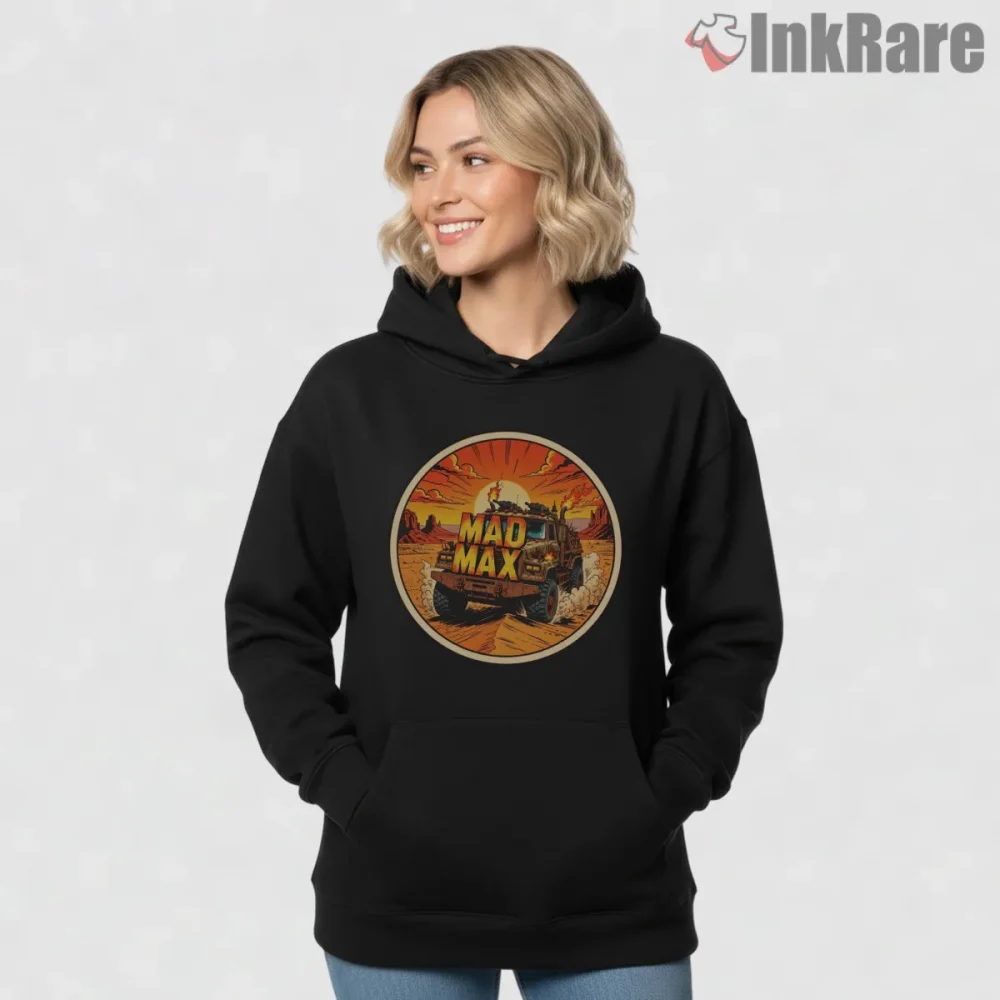 Mad Max Comic Style Off Road Truck Retro Badge Shirt on black hoodie for women graphic tee