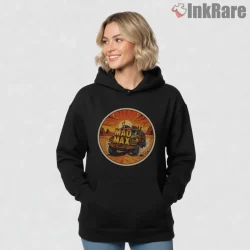 Mad Max Comic Style Off Road Truck Retro Badge Shirt on black hoodie for women graphic tee
