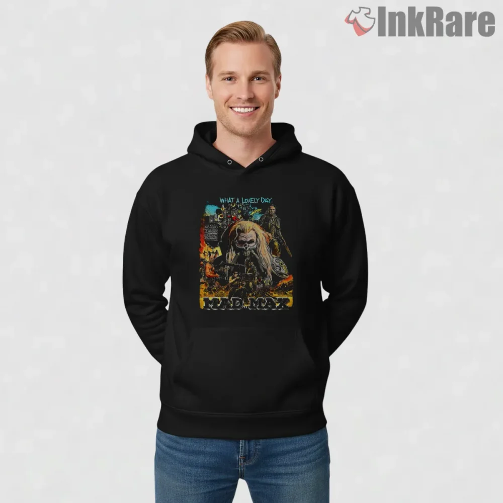 Mad Max Fury Road Character Action Collage Shirt on black hoodie for men graphic tee