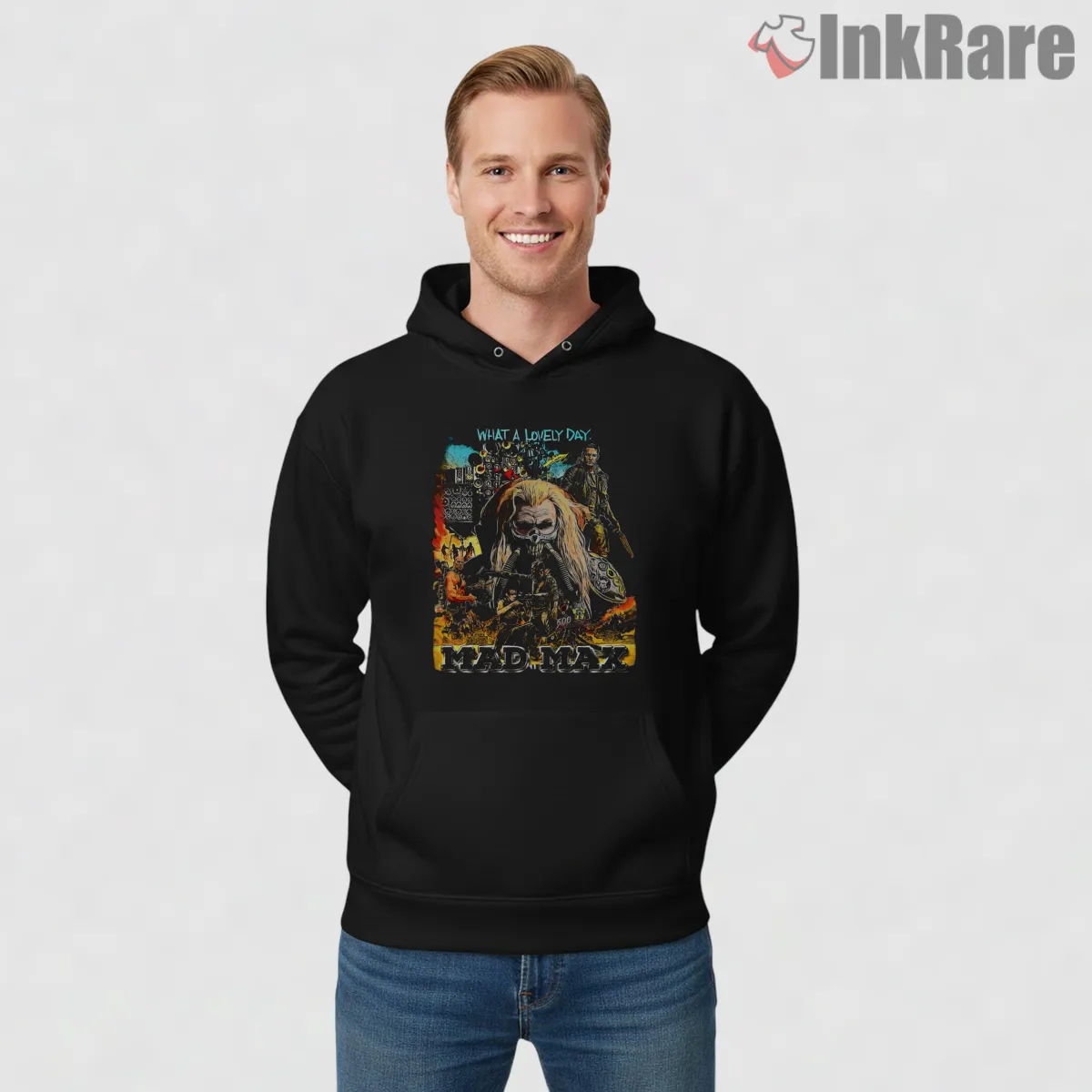 Mad Max Fury Road Character Action Collage Hoodie Black Mad Max Fury Road Character Action Collage Shirt on black hoodie for men graphic tee