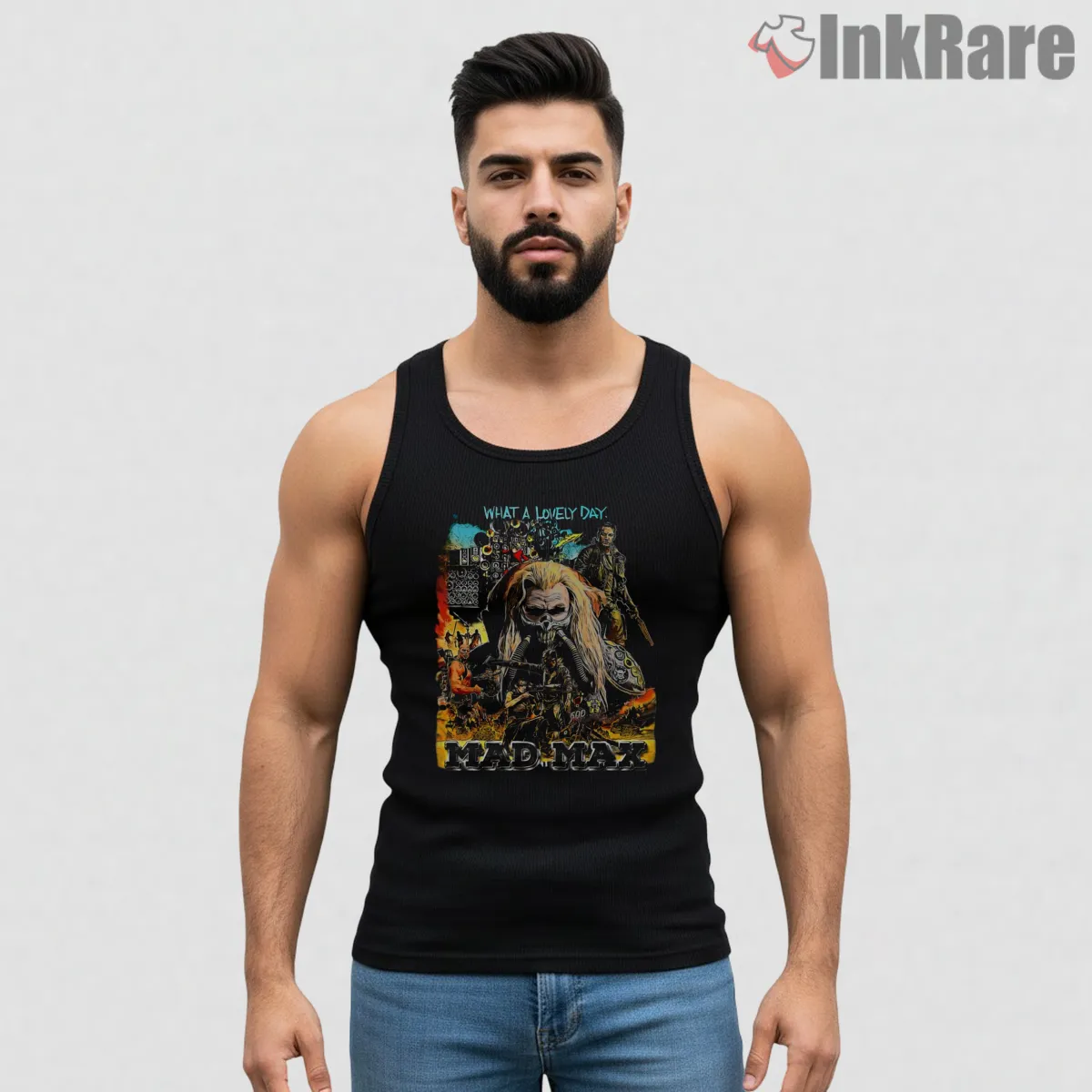 Mad Max Fury Road Character Action Collage Tank Top Black Mad Max Fury Road Character Action Collage Shirt on black tank top for men graphic tee