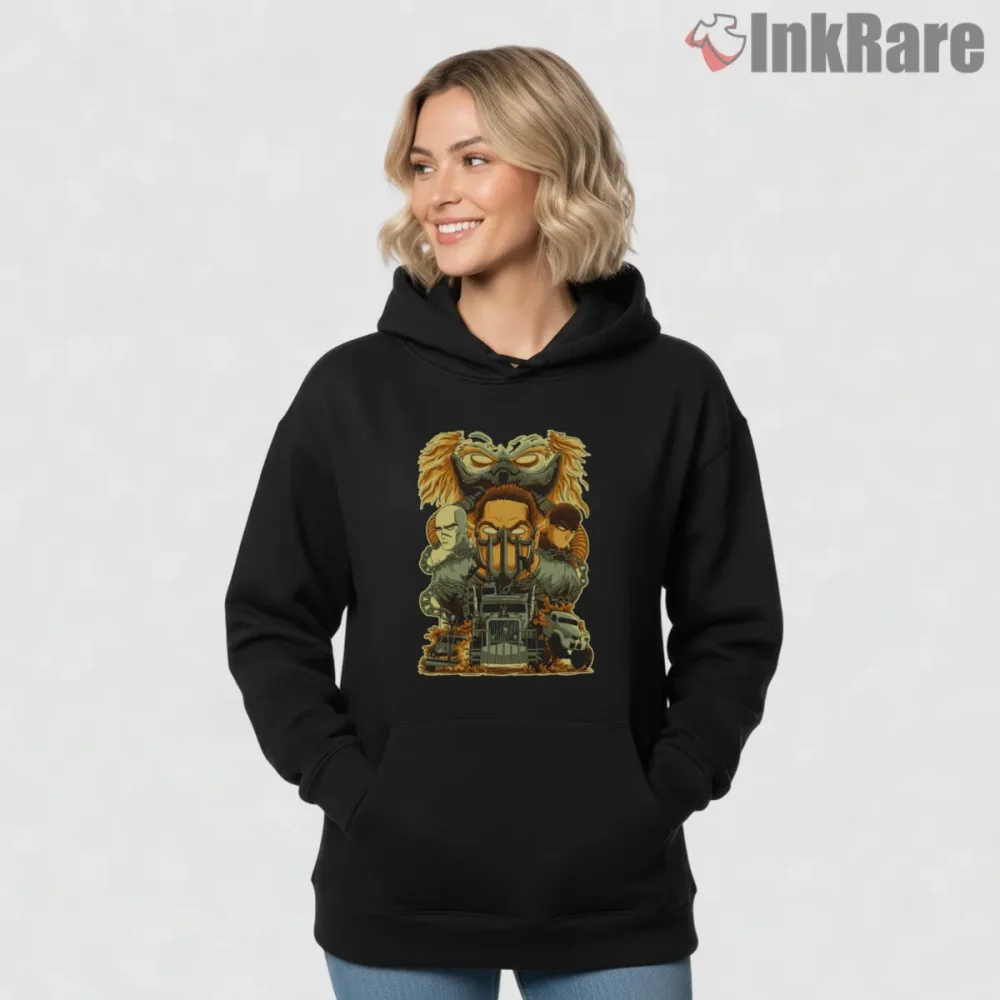 Mad Max Fury Road Character Cluster Illustrated Shirt on black hoodie for women graphic tee