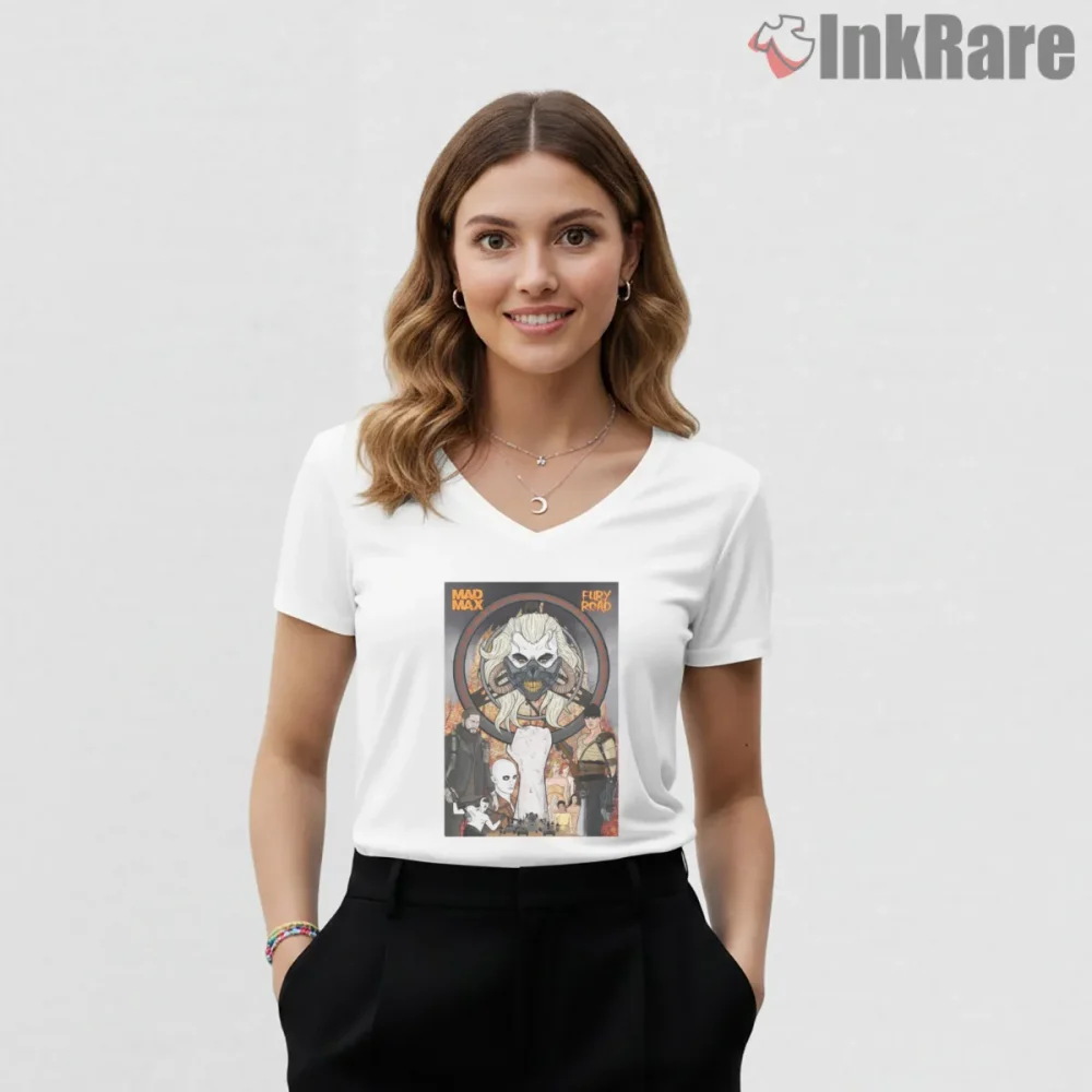 Mad Max Fury Road Character Emblem Poster Shirt on white v-neck shirt for women graphic tee