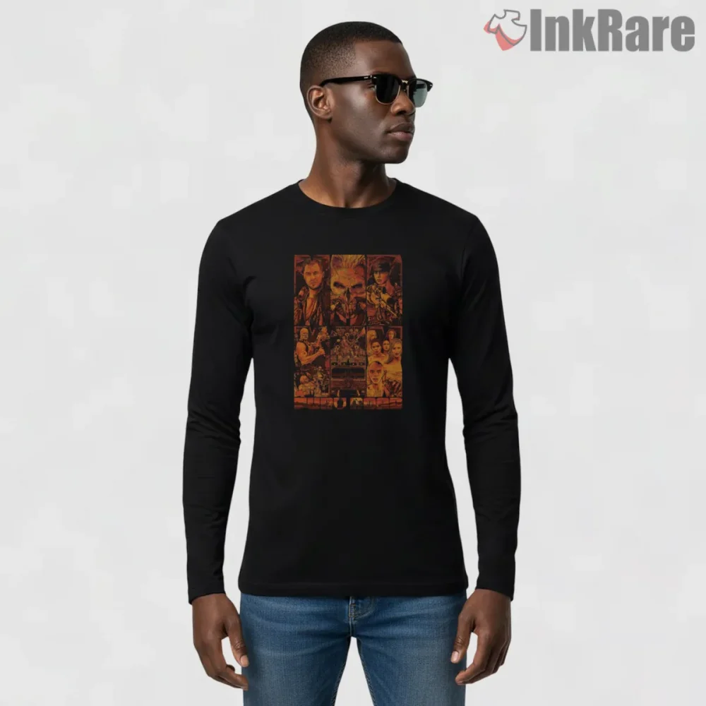 Mad Max Fury Road Character Grid Collage Shirt on black long sleeve shirt for men graphic tee