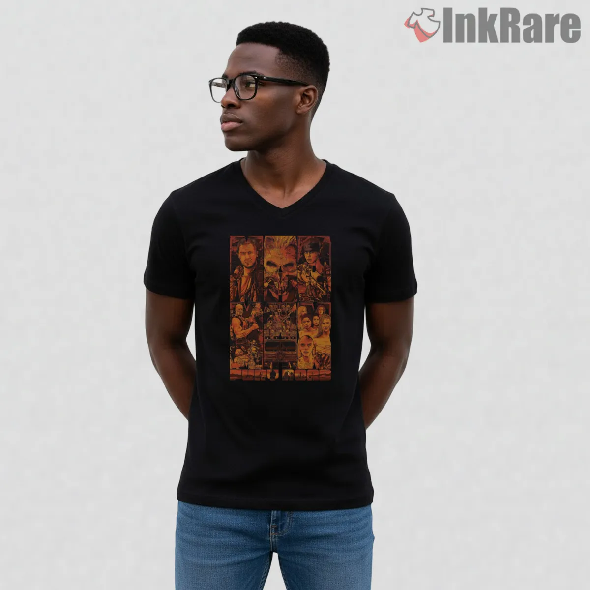Mad Max Fury Road Character Grid Collage Shirt on black v-neck shirt for men graphic tee