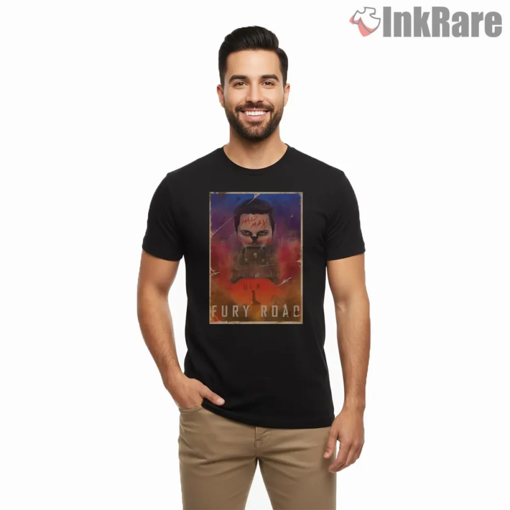 Mad Max Fury Road Cinematic Desert Poster Shirt on black short sleeve shirt for men graphic tee