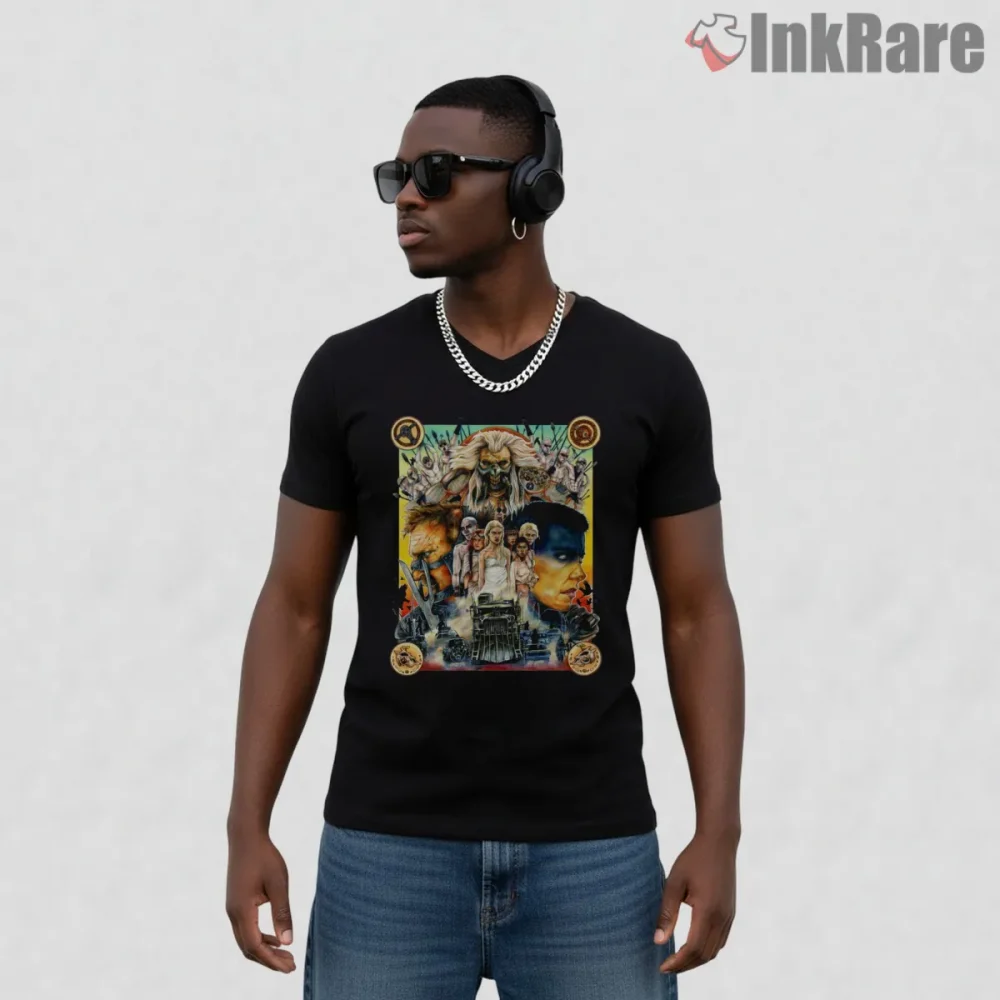 Mad Max Fury Road Epic Character Collage Poster Shirt on black v-neck shirt for men graphic tee