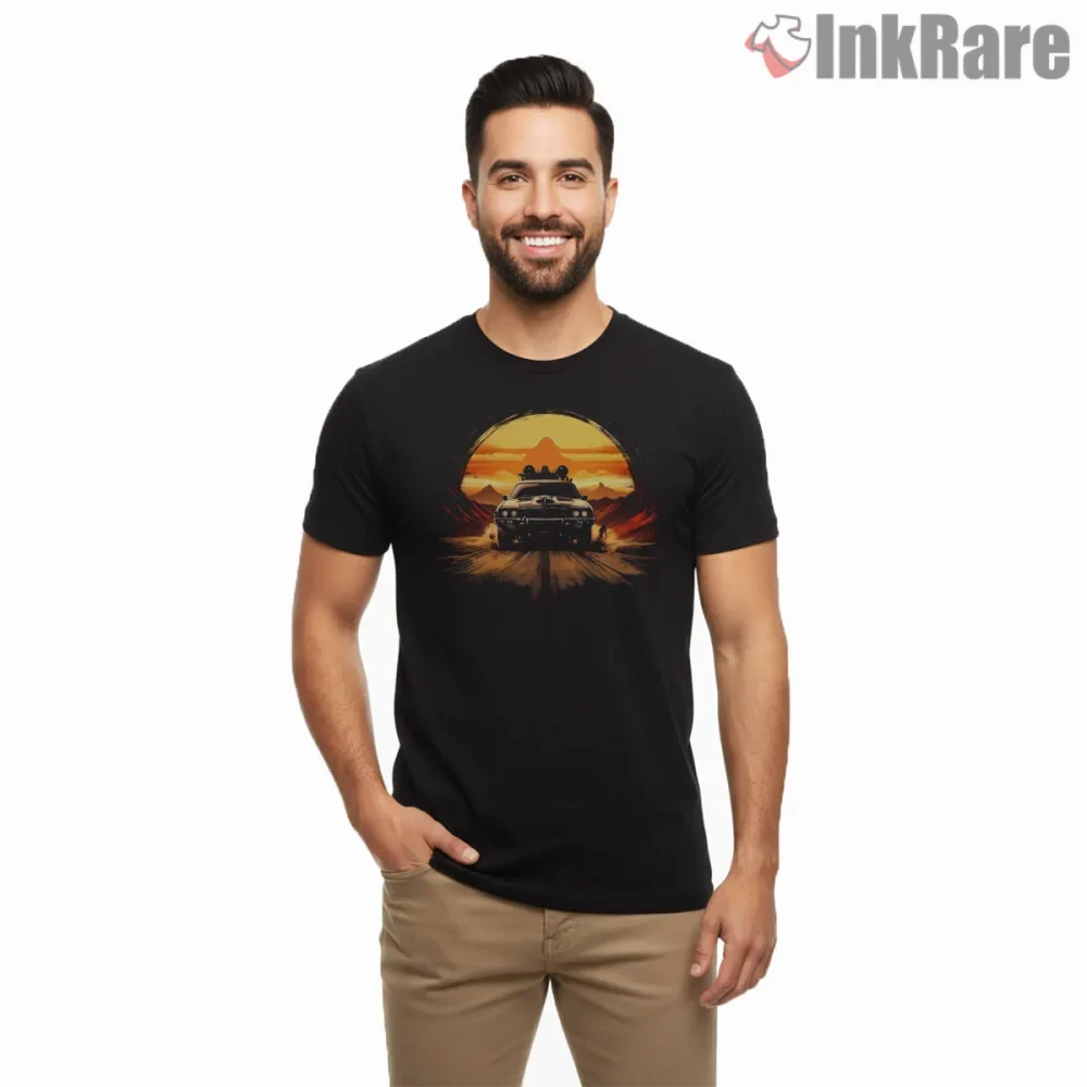 Mad Max Fury Road Interceptor Desert Sunset Drive Shirt on black short sleeve shirt for men graphic tee