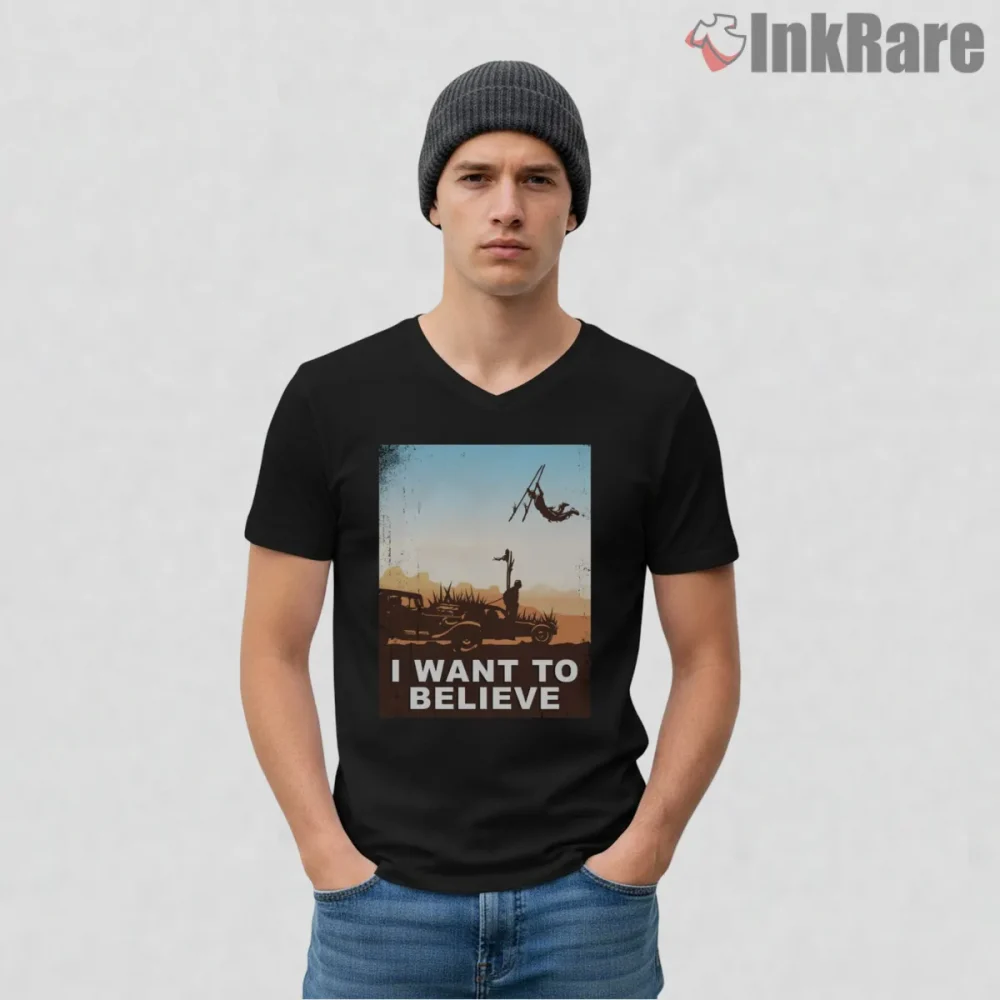 Mad Max Fury Road X Files Parody Desert Poster Shirt on black v-neck shirt for men graphic tee