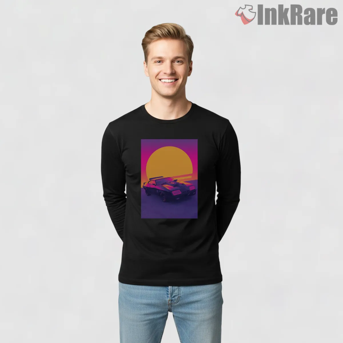 Mad Max Interceptor Vaporwave Sunset Retro Car Shirt on black long sleeve shirt for men graphic tee