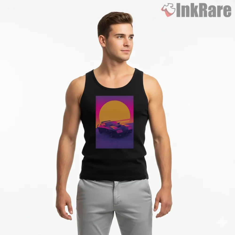 Mad Max Interceptor Vaporwave Sunset Retro Car Shirt on black tank top for men graphic tee