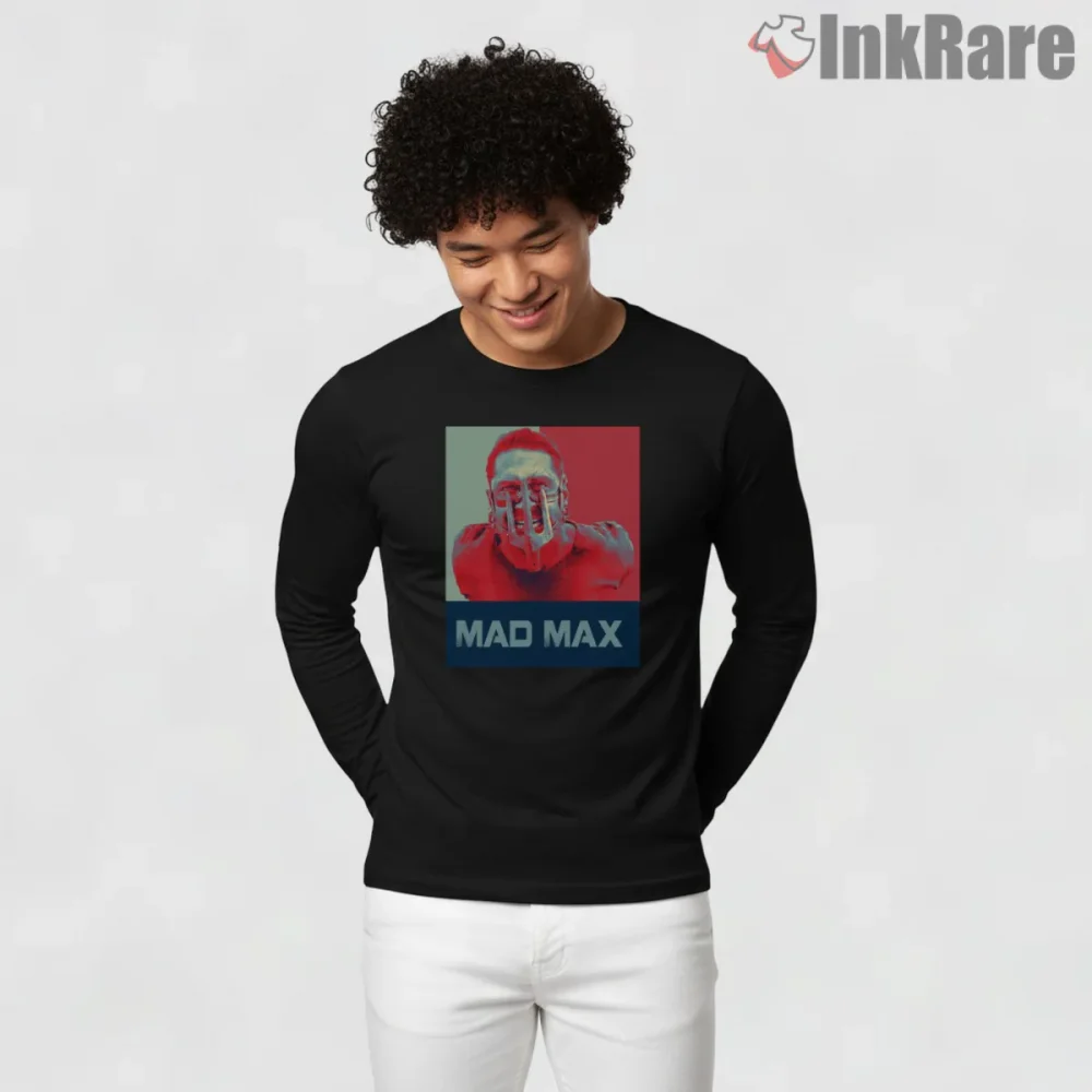 Mad Max Minimal Color Block Max Rockatansky Portrait Shirt on black long sleeve shirt for men graphic tee