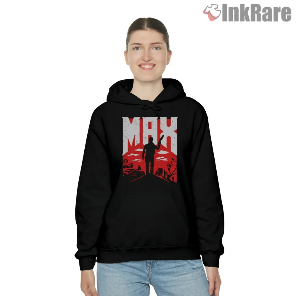 Mad Max Red Silhouette Wasteland Horizon Shirt on black hoodie for women graphic tee