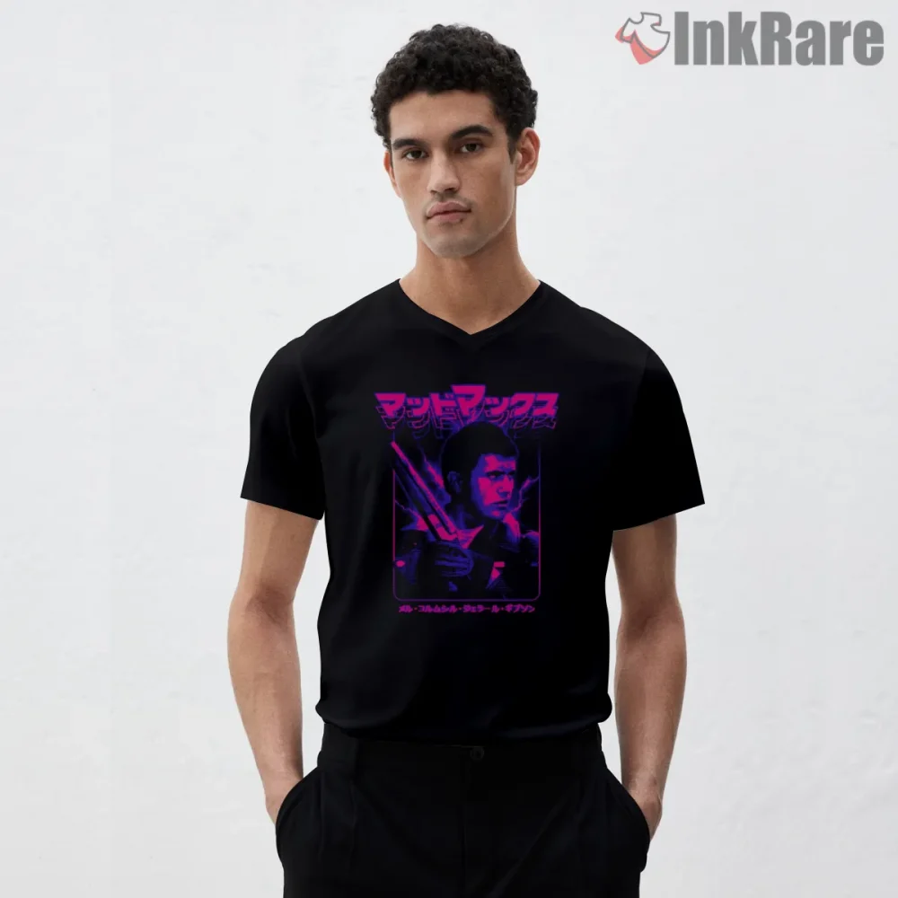Mad Max Rockatansky Neon Cyberpunk Portrait Shirt on black v-neck shirt for men graphic tee