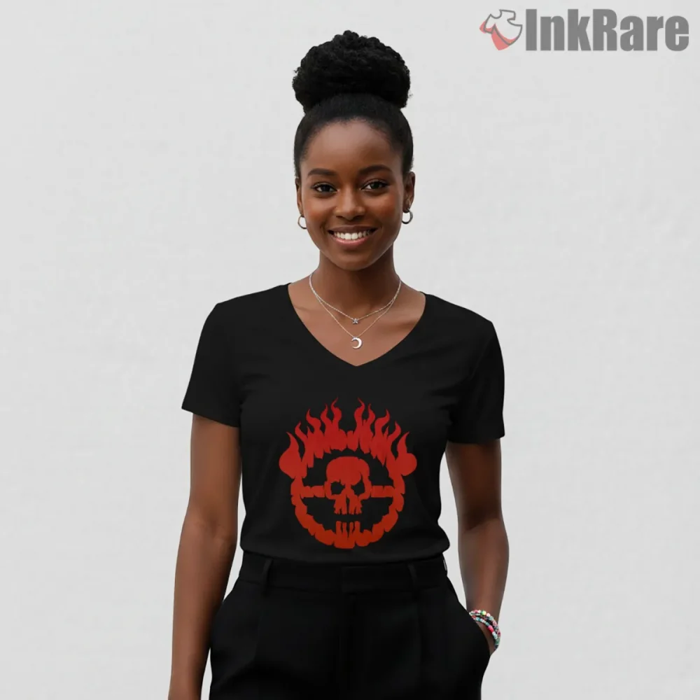 Mad Max War Skull Flaming Emblem Red Graphic Shirt on black v-neck shirt for women graphic tee