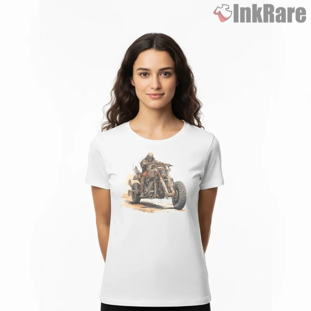 Mad Max Wasteland Motorcycle Rider Detailed Sketch Shirt on white short sleeve shirt for women graphic tee