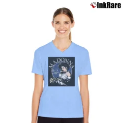 Women’s Madonna Like A Virgin Pop Music V-Neck Tee in light blue | Chic Neckline, Soft Texture