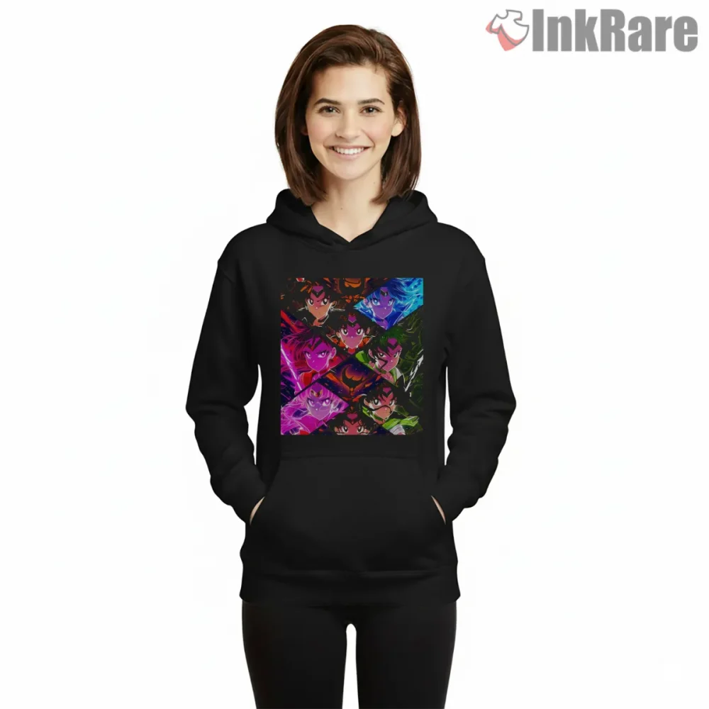 Magical Girl Ensemble Neon Collage Shirt on black hoodie for women graphic tee
