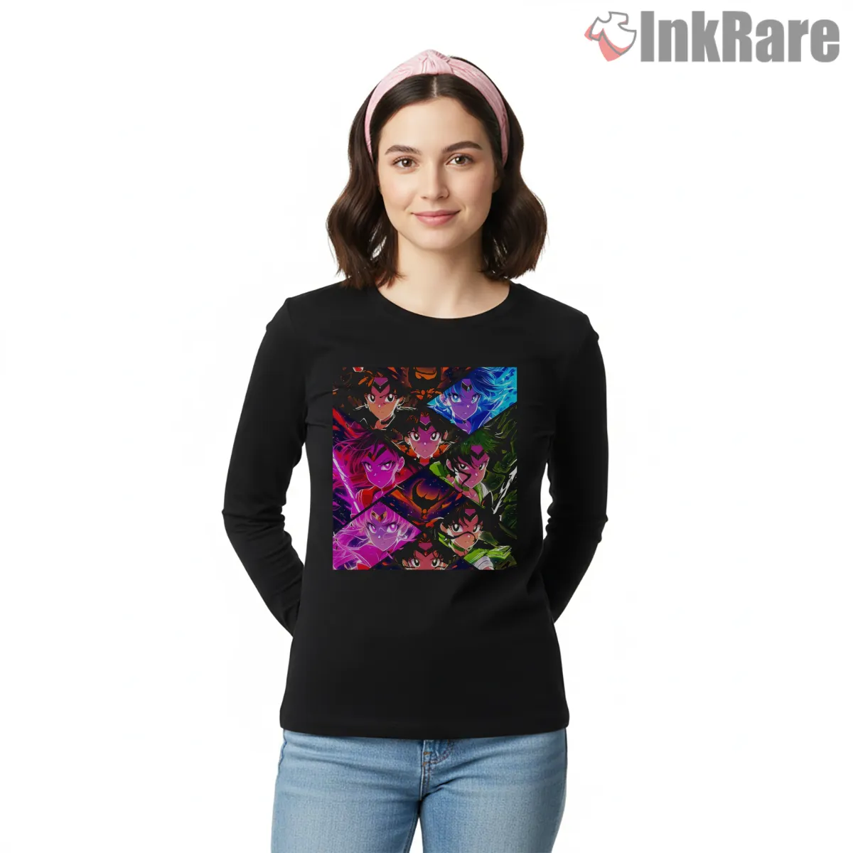 Magical Girl Ensemble Neon Collage Shirt on black long sleeve shirt for women graphic tee