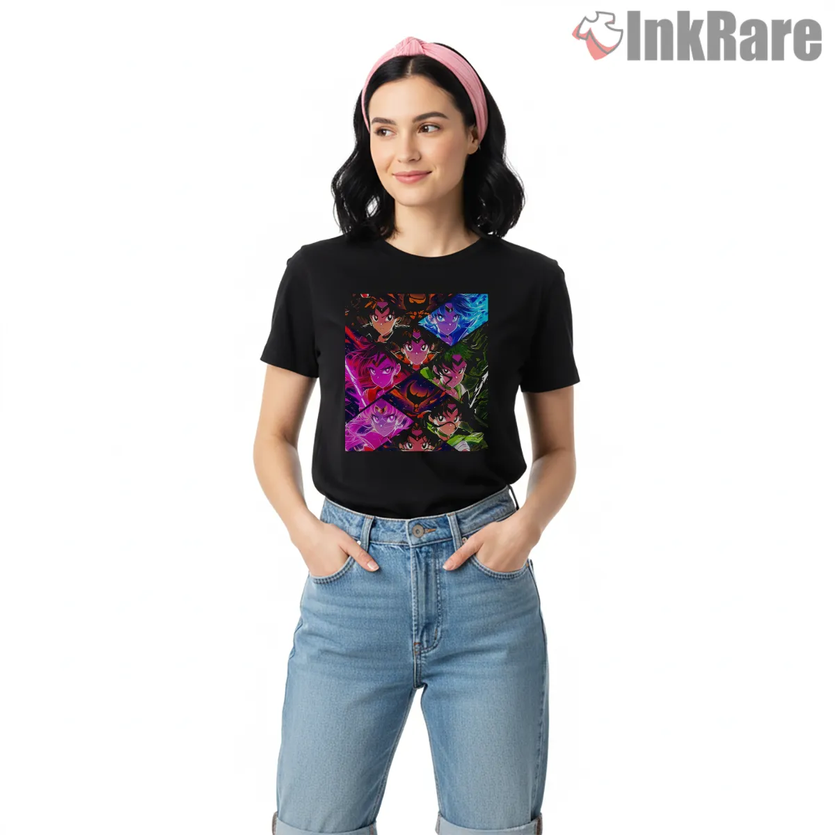 Magical Girl Ensemble Neon Collage Short Sleeve Black Magical Girl Ensemble Neon Collage Shirt on black short sleeve shirt for women graphic tee