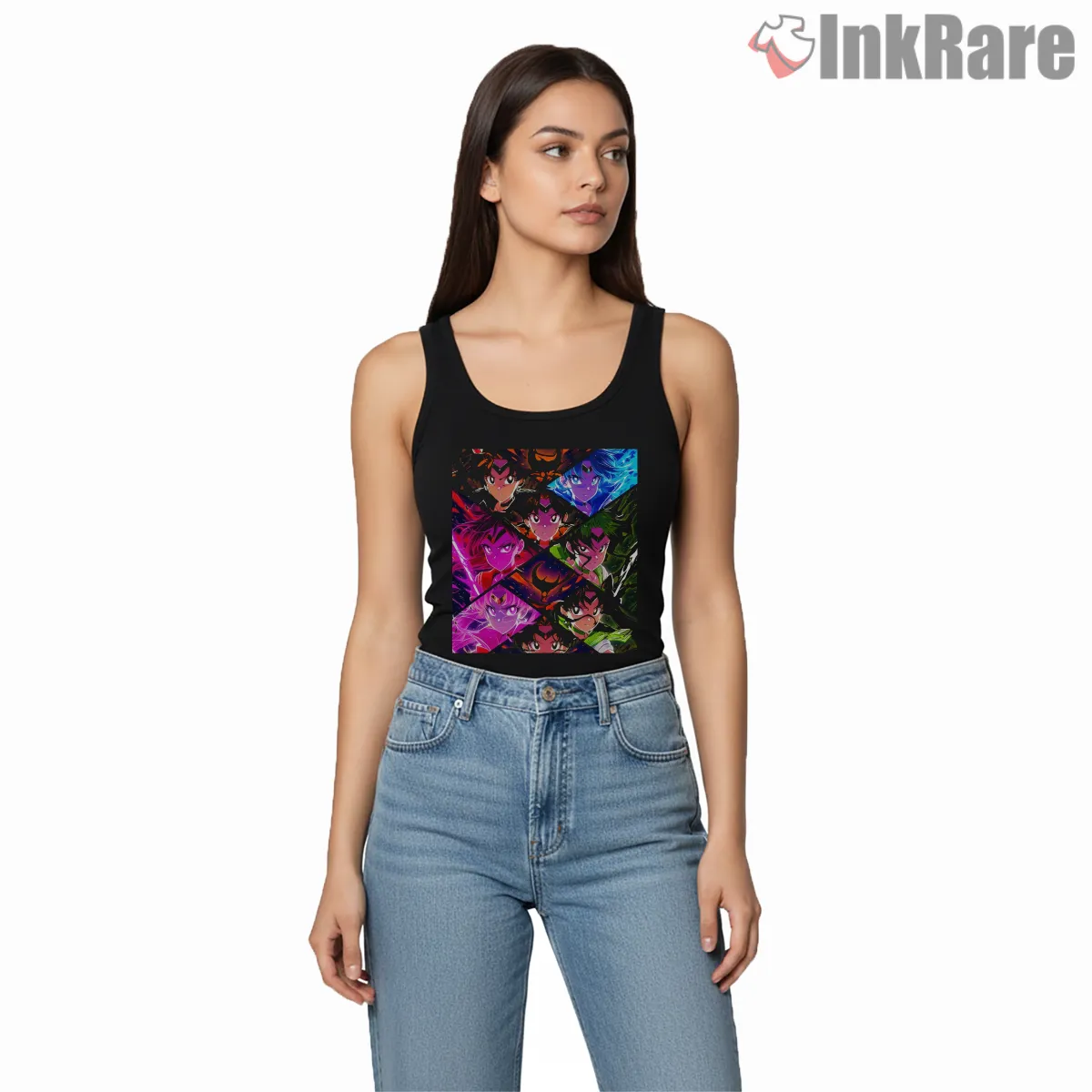 Magical Girl Ensemble Neon Collage Tank Top Black Magical Girl Ensemble Neon Collage Shirt on black tank top for women graphic tee