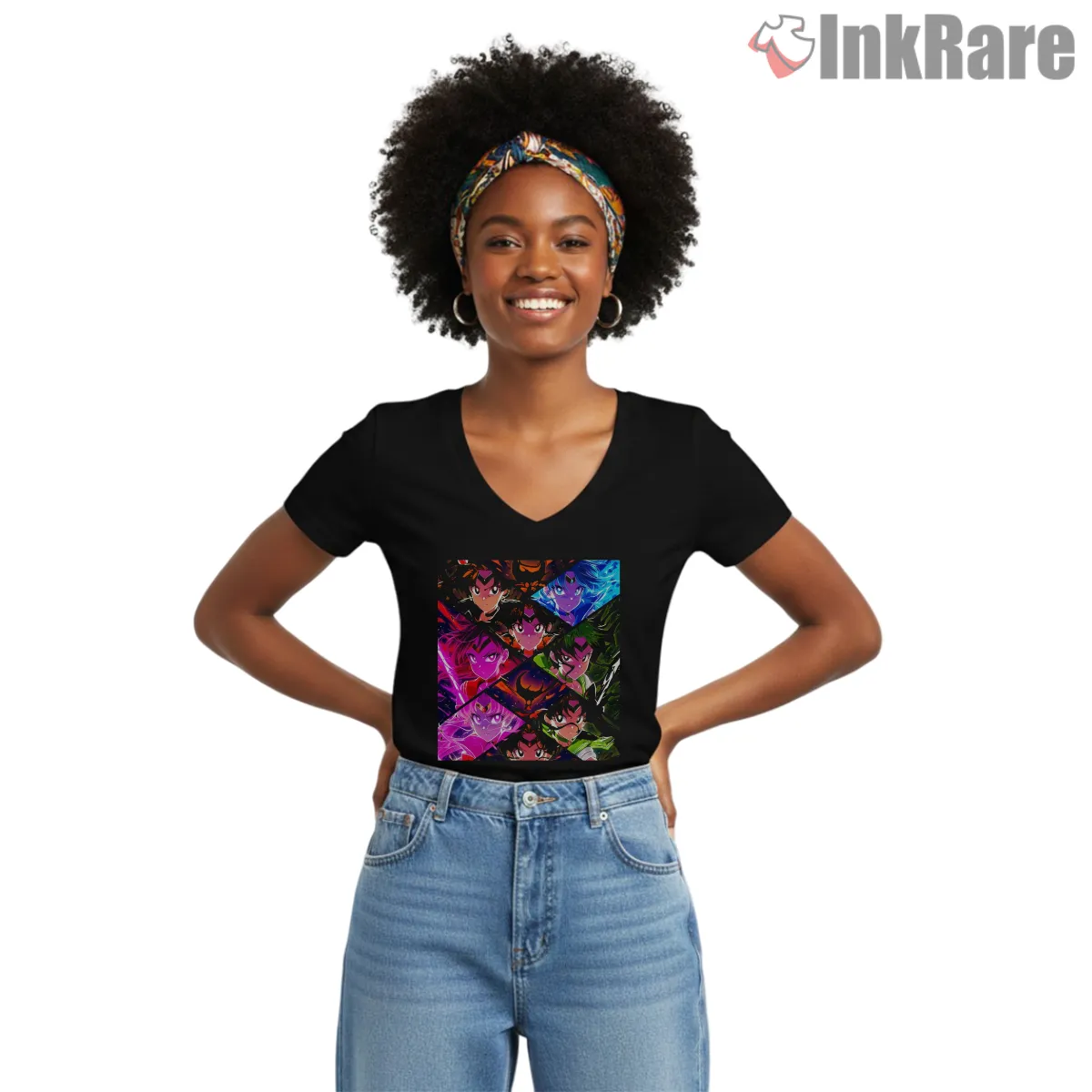 Magical Girl Ensemble Neon Collage V Neck Black Magical Girl Ensemble Neon Collage Shirt on black v-neck shirt for women graphic tee