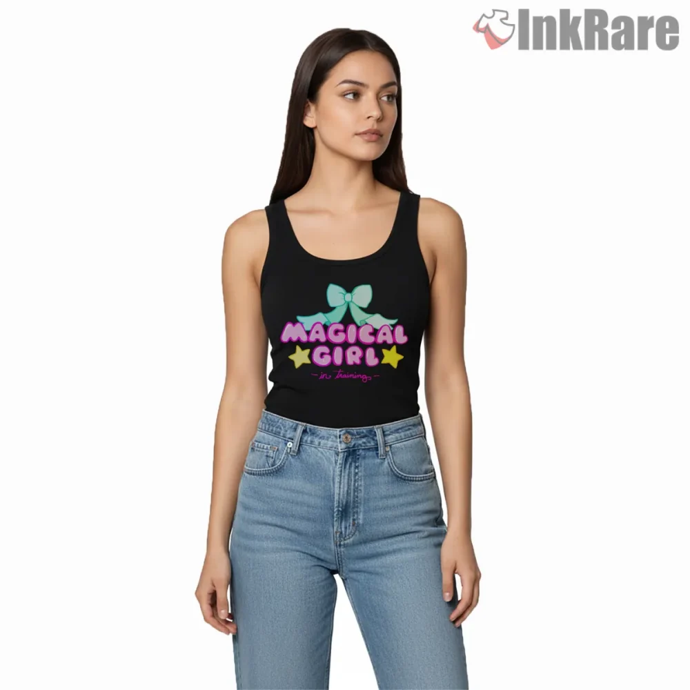 Magical Girl In Training Cute Neon Anime Shirt on black tank top for women graphic tee