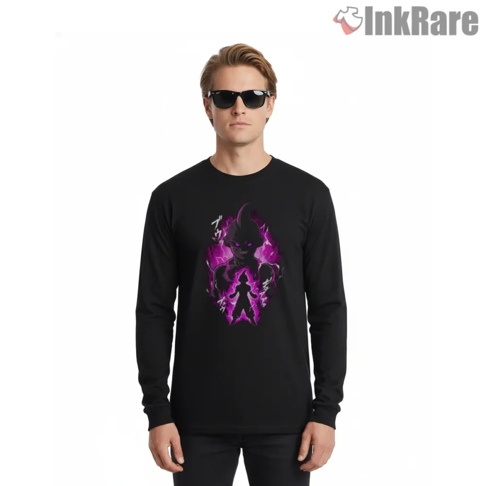 Majin Buu Shadowed Pink Thunder Aura Shirt on black long sleeve shirt for men graphic tee